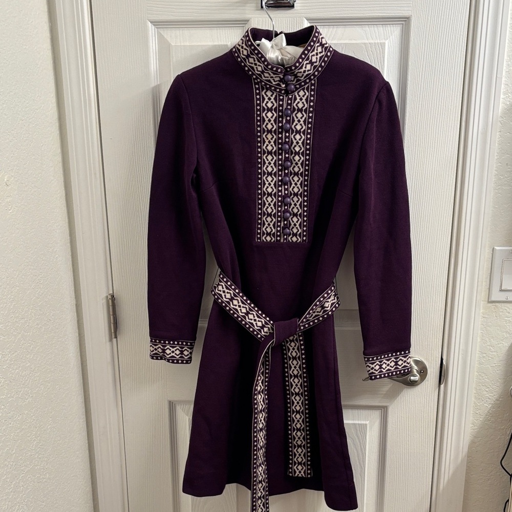 Vintage Women's Purple Nordic Patterned Dress by Butte Knit Size 12 - Fab!